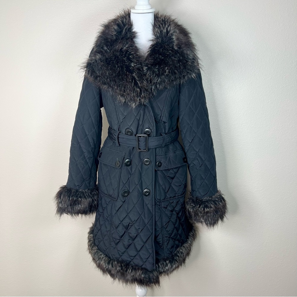 Jones New York Black Quilted Puffer Coat with Faux Fur Trim